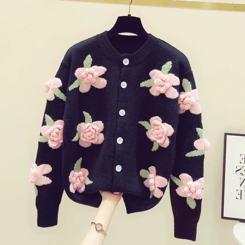 

JCHB 3d Flower Embroidery Sweater Women Spring and Autumn New Loose Vintage Handmade Crochet Knitted Cardigan Jackets
