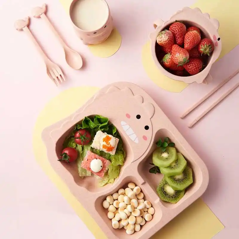 

Baby Dinosaur Silverware 6 Pgs Children Natural Bamboo Fibre Dish With Glass Fork Plate
