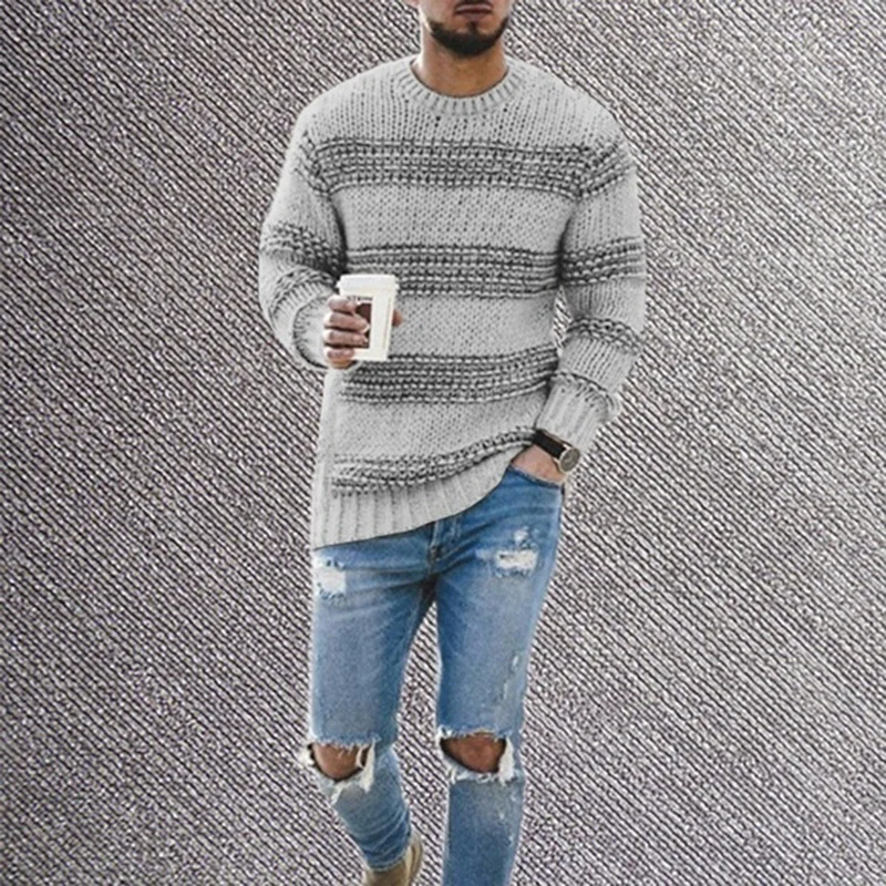 

Autumn Winter Knitted Jumper Tops Mens Casual Patchwork Striped Sweater Men Fashion Loose Long Sleeve O-Neck Sweaters Streetwear