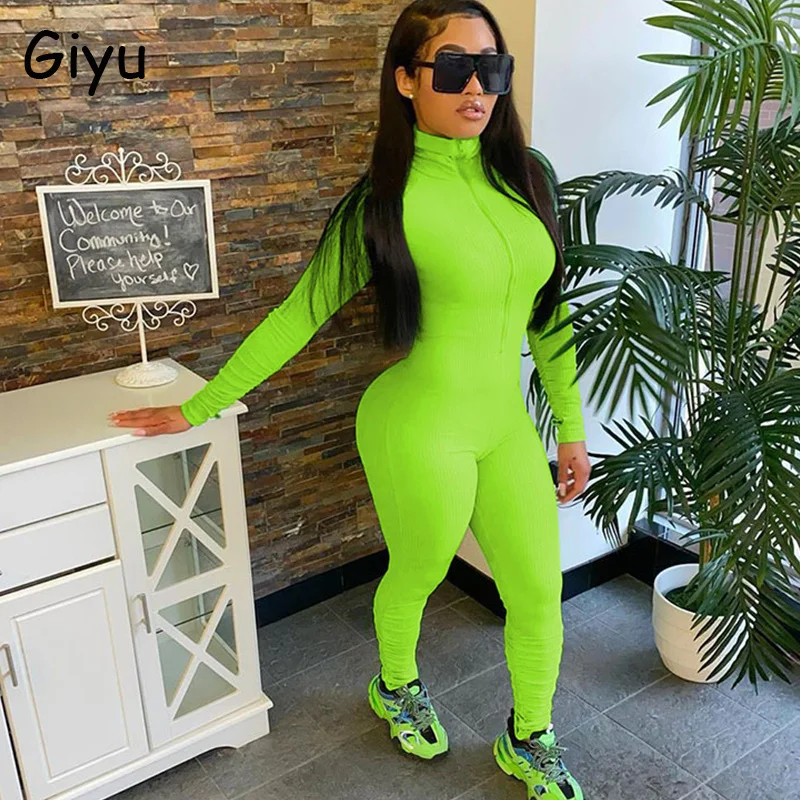 

Женский неоновый комбинезон Giyu, Облегающий комбинезон на молнии, с длинным рукавом, флуоресцентный, для спортзала, для осени, 2021