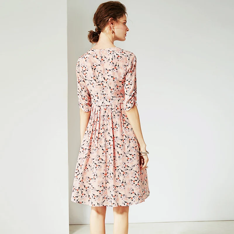 100% Real Silk Dress Pleated Floral Printed V Neck Half Sleeve A-line Casual Style New Fashion Summer 2019 | Женская одежда