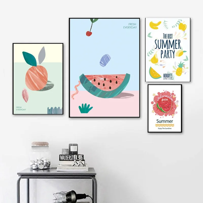 Красочные Летние фрукты желтый банан груша лимоны арбузы ананасы Холст Картина