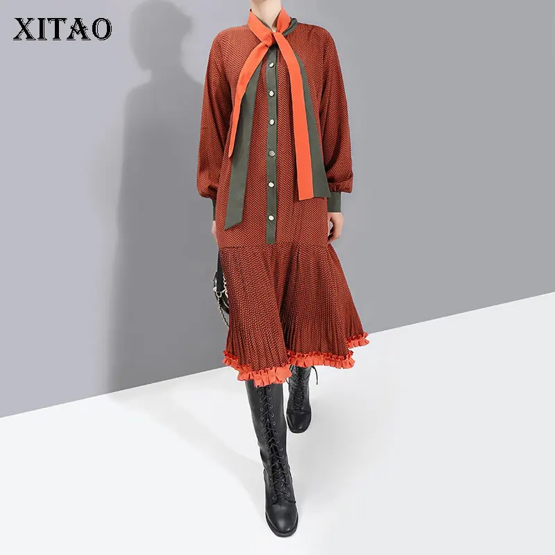 XITAO винтажное Плиссированное Бандажное платье модное новинка 2019 зимнее с бантом