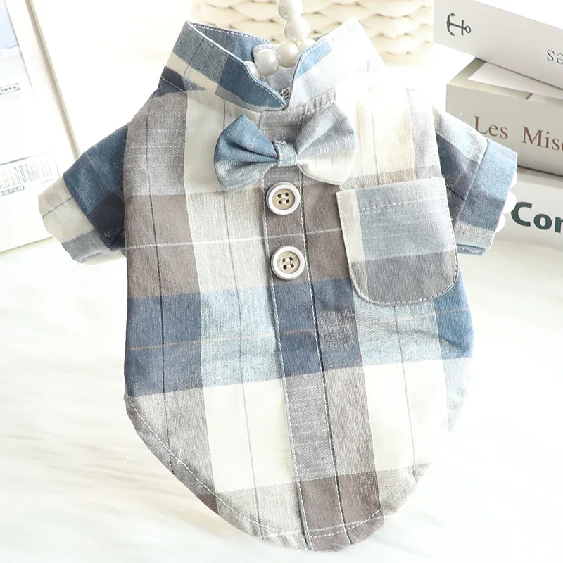 

Cartoon Dog Clothes Plaid Shirts Clothing for Dogs Small Super Pet Outfits Cute Spring Summer Bowknot Print Boy