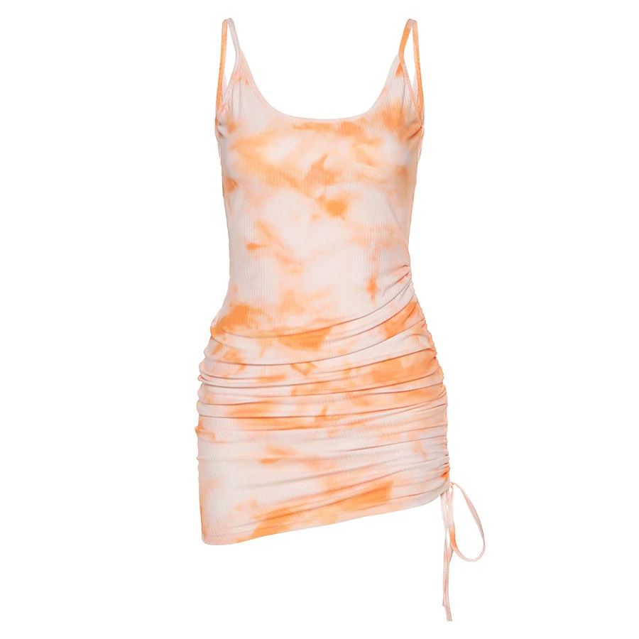 

Casual Spaghetti Strap Low-Neck Mini Dresses Women Summer Printing Elastic Slim Lady High Waist Dress 2021 New