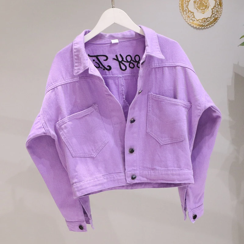 Весна-Осень 2020 Женские Модные фиолетовые розовые джинсовые куртки с вышитыми