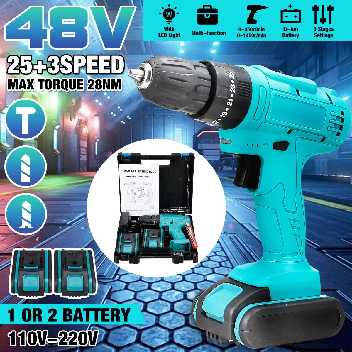 

48V 3 in 1 Cordless Electric Impact Drill Hammer Screwdriver 25+3 Turque Power Driver Tools Set with Battey Drill Accessories