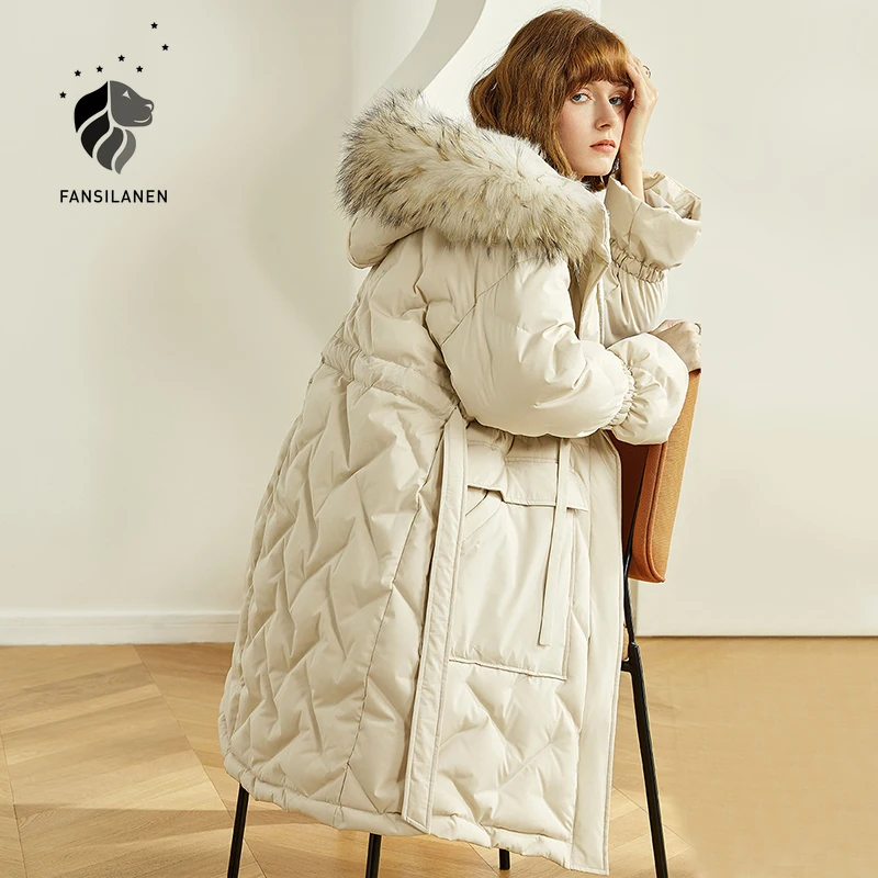 

FANSILANEN Hooded Fur Long Down Coat Women Belt Autumn Winter White Thermal Puffer Jacket Female Slim Wram Light Down Parka 2020