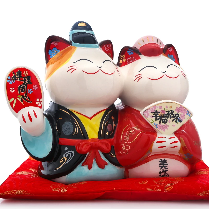 9 дюймов Свадебные Maneki Neko орнамент керамическая пара Lucky Cat подарок для украшения дома фэн шуй Копилка статуя