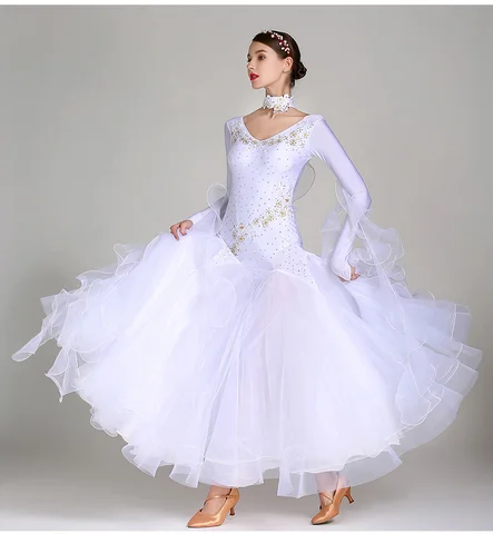Белое платье для бальных танцев, платье для вальса с длинным рукавом для бальных танцев, платье для Foxtrot, стандартное бальное платье, танцевальная одежда с блестками