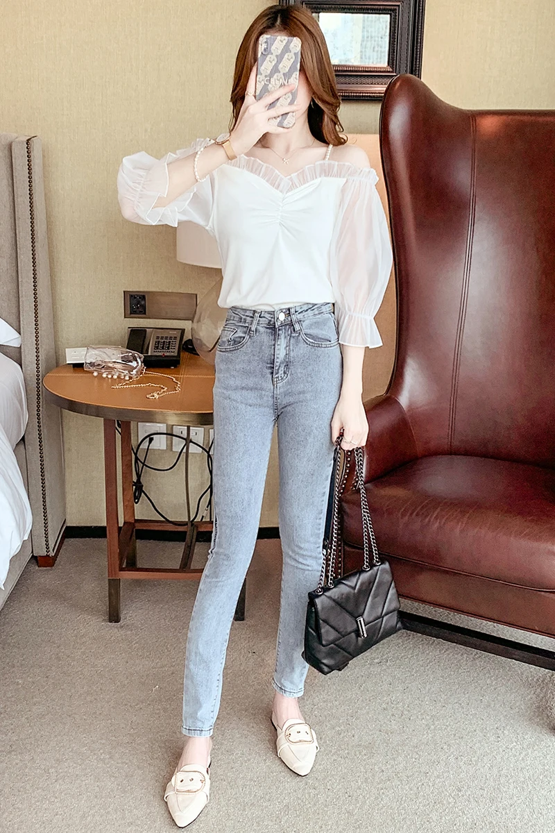 

Houthion Women's Blouse Pure Color Stitching Tops Sleeve One Word Collar Shirt Fashion Blouses Summer Top Korean Casual New
