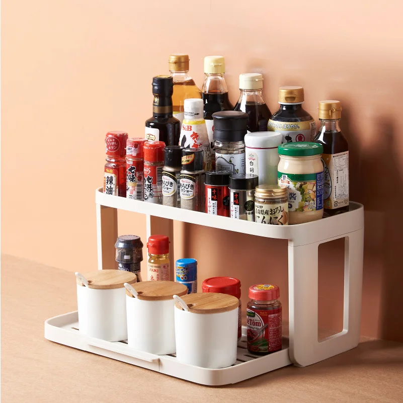 

2-Tiers Storage Kitchen Gadgets And Accessories Tableware Spice Organizer Rolling Shelf For Kitchen Spice Jars