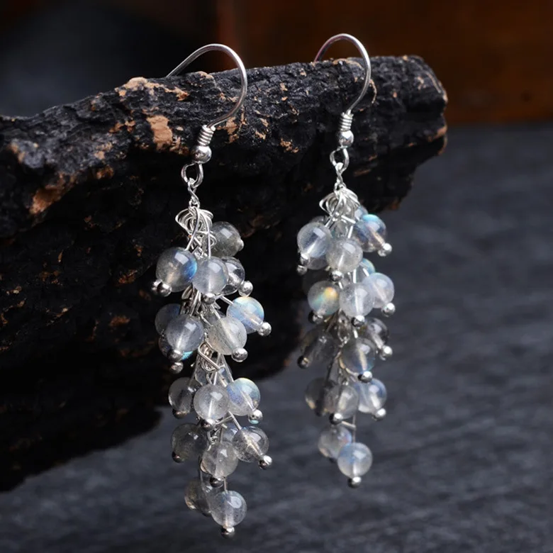 

Серьги из чистого натурального кристалла в виде ясеня и Луны с голубым светом, серьги в форме винограда Ши ержхой (серебро 925 пробы), изящные ...