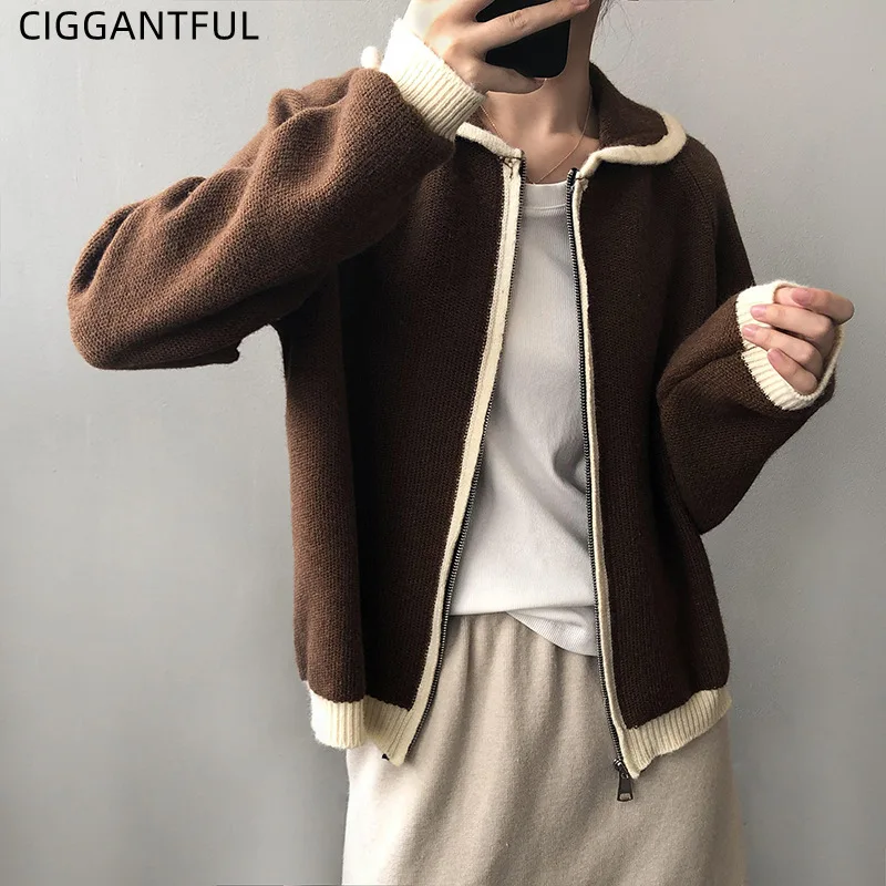 

Женский свитер на молнии с лацканами, кардиган, новинка зимы 2021, корейский стиль, контрастная свободная повседневная трикотажная куртка с д...