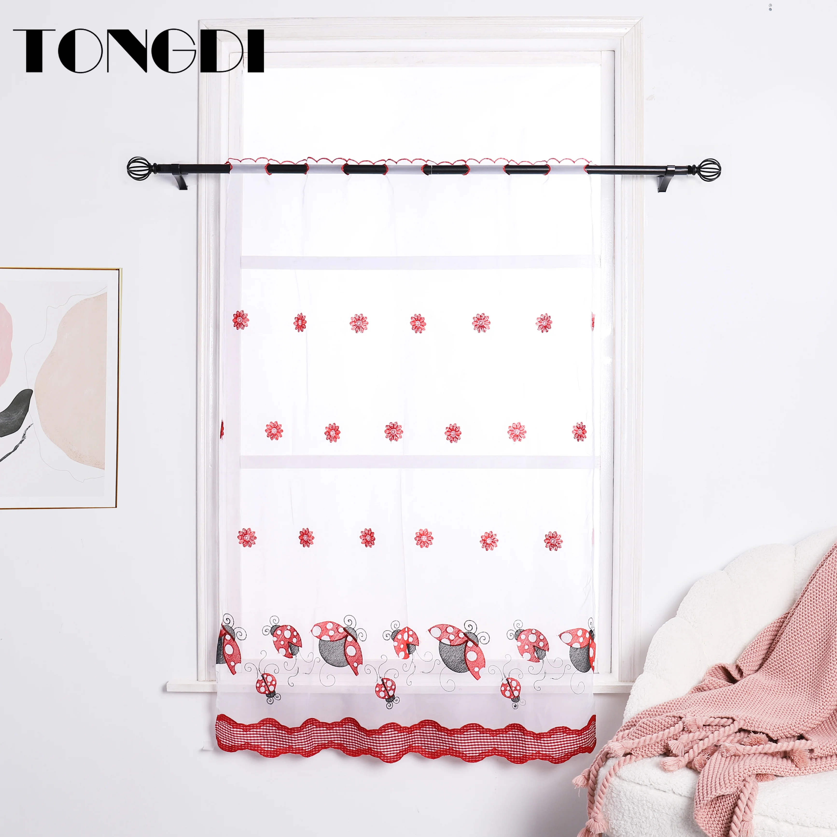 Домашние кухонные шторы TONGDI короткие яруса с вышитыми животными из белого тюля