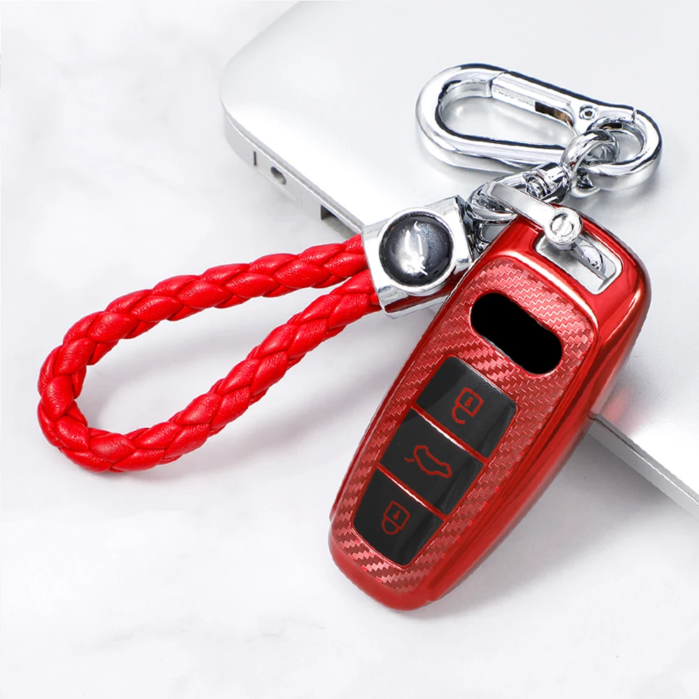 

TPU Carbon Fiber Car Remote Key Case Cover Key Chain for Audi A6 A6L A7 A8 Q8 E-tron C8 D5 2019 2020 2021 Protector Accessories