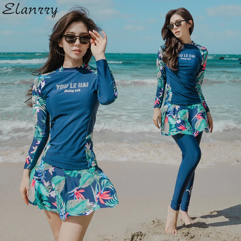 

2021 Newest Women Sport Swim Suit Print Padded Beach Wear 3 Pieces Bathing Suit Long Sleeves+Long Pants Surfing Suit Beach Wear