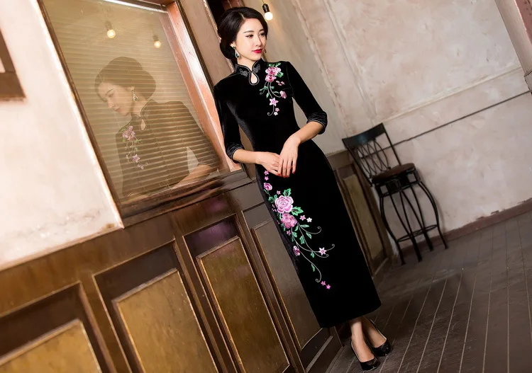 Королевское синее платье-Ципао из искусственного велюра велюровое бархатное