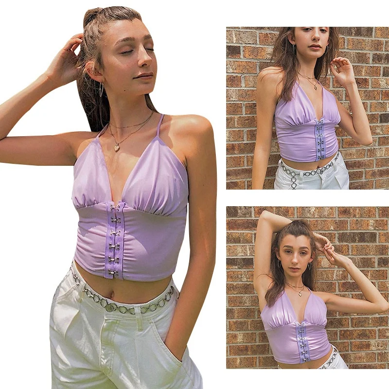 

Sweet Summer Bandage Bustier Tops for Women E-Girl Deep V Neck Backless Cropped Halter Tops Streetwear Party Outfits