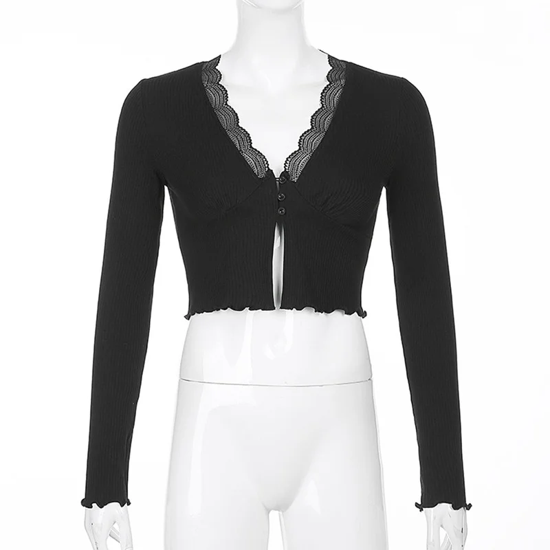 

Y2K Crop Top Long Sleeve Knitwear Goth Lace Woman Tshirts V Neck Button Up Knitted Tops Women Deep V-Neck Sexy Mujer Camisetas