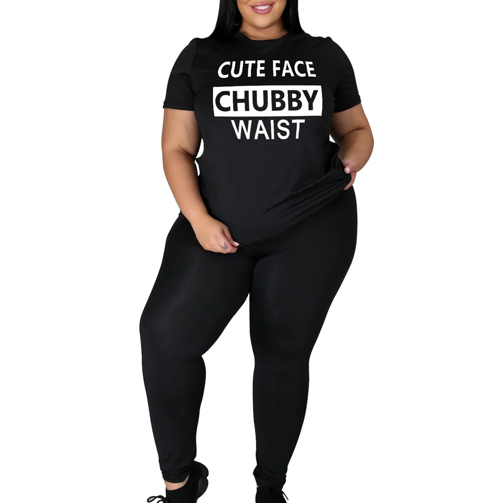 

hirigin Plus Size Women Two-piece Oversize Clothes Set Black Letters Printed Pattern T-shirt and Pants Casual Sets XL-5XL