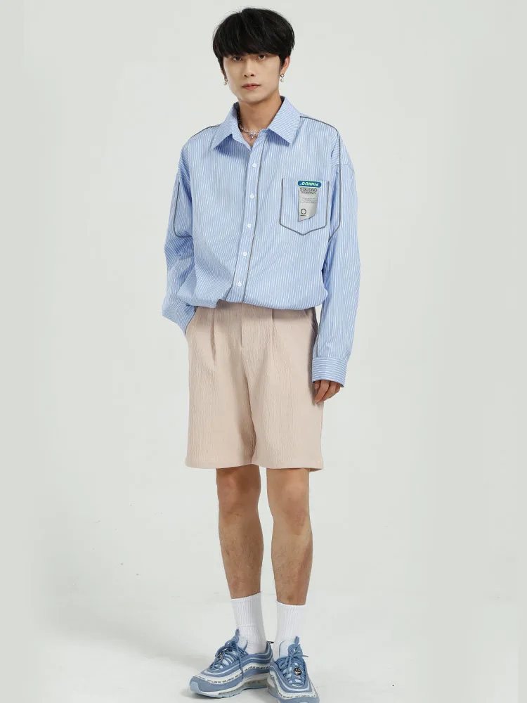 

Reflective Strip Long Sleeve Loose Casual Striped Shirt for Men Youthful Streetwear Hip Hop Fashion Shirt Male