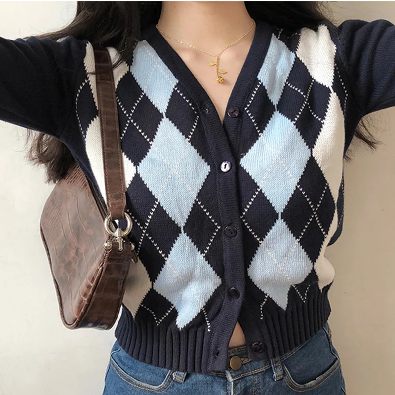 

2022 Fall Winter Women Sweater Vintage V-Neck Plaid Long Sleeve Pullovers England Style Knitted Cardigan Sweaters New Womes Tops