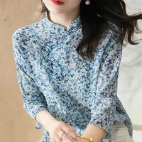 chinese style women spring summer chiffon blouses shirts lady casual stand collar printed chinese knot collar blusas tops