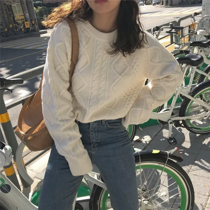 

Sweet Knitted Sweater 2020 Spring Women Loose Twisted Pullovers Students Vintage Women Tops All-Match Casual Solid Soft Sweaters