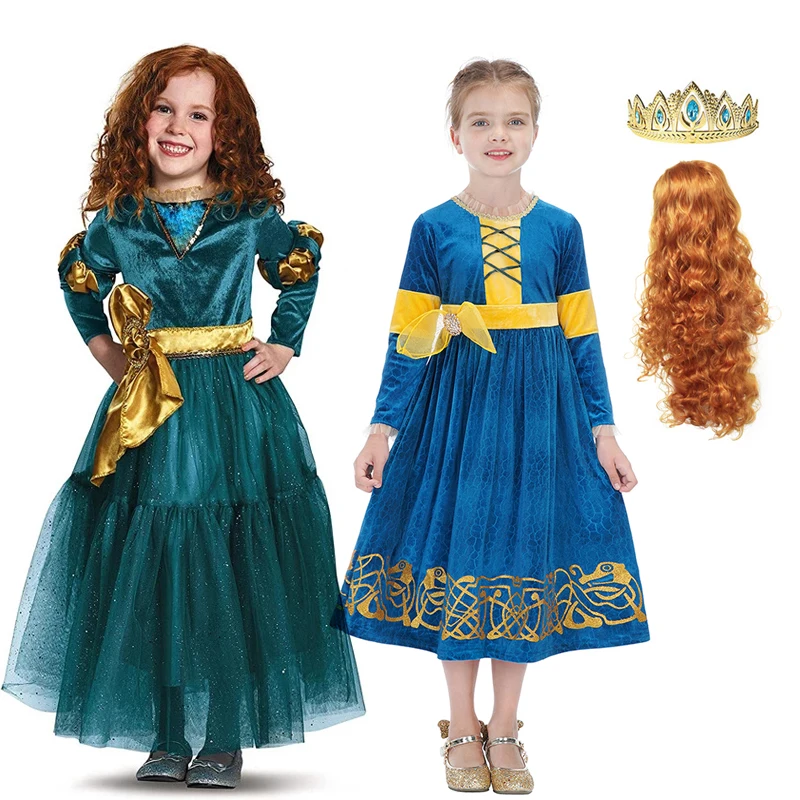 VOGUEON Princess Merida Cosplay Costume Child Girls Brave Merida Dresses Halloween Costumes Kids Cartoon Anime Dress Merida Wig