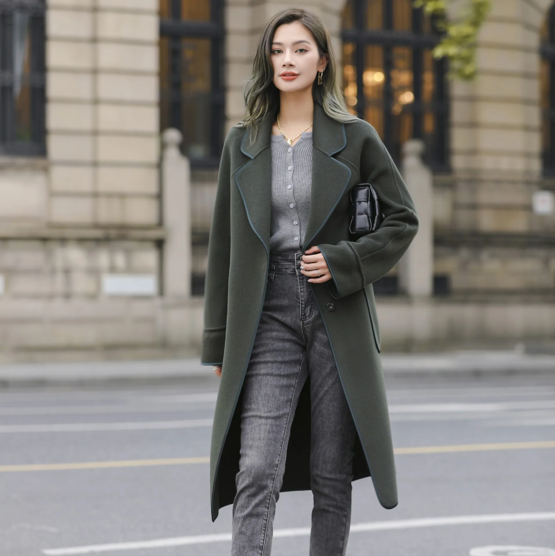 

Ацетатное кашемировое двухстороннее шерстяное пальто с окантовкой, женское длинное пальто с отложным воротником, Осеннее приталенное паль...