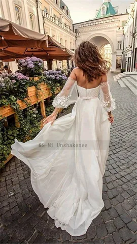 Fairy Boho Wedding Dress 2022 Chiffon Lace Flowers Vintage Wedding Gowns Split Side Sexy Beach Bridal Dresses Cheap Mariage