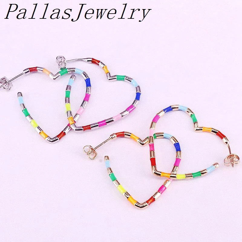 

5Pairs 31MM, Fashion Enamel Heart Geometric Stud Earrings Sweet Romantic Rainbow Earrings for Women Party Jewelry