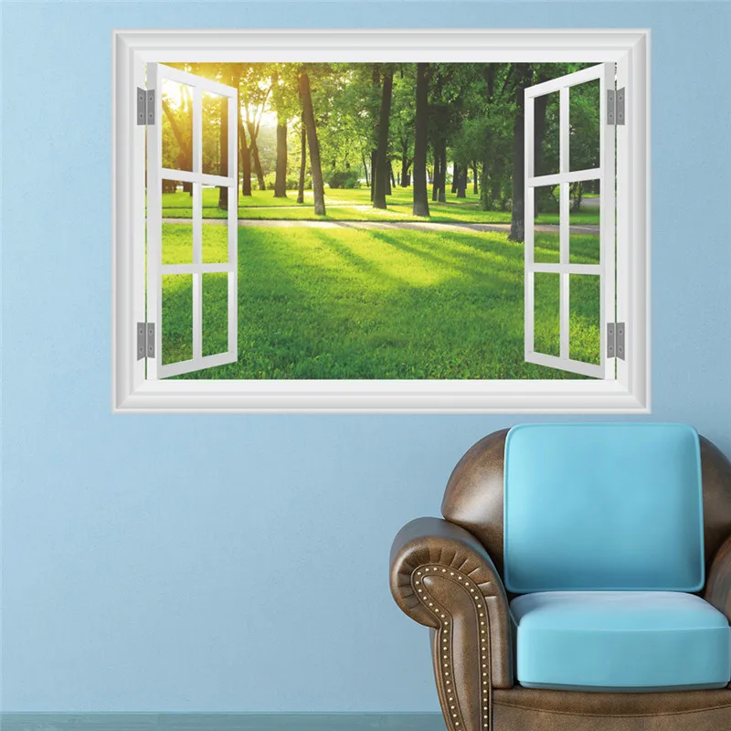 3D Наклейка на стену с изображением окон зеленых деревьев леса пейзажа съемные