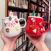 new 450ml christmas mug with tree elk 3d sticker spoon cartoon large ceramic water breakfast coffee cup with lid and spoon gift