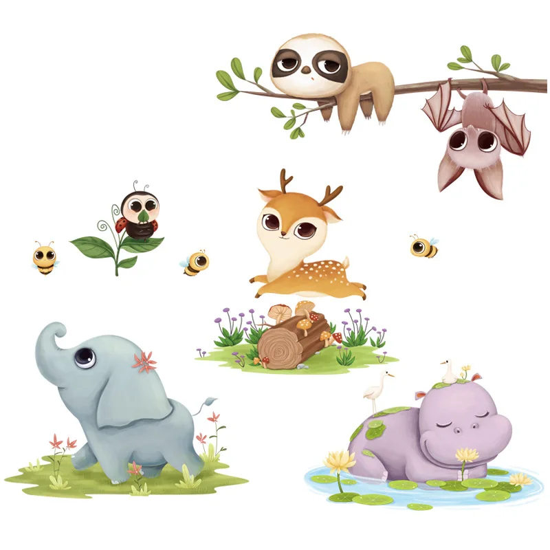 

Cartoon Cute Animal Wall Stickers Kids Room Nursery Decals Wall Decor Aesthetics Elephant Hippo Deer Bedroom Decor Wallstickers