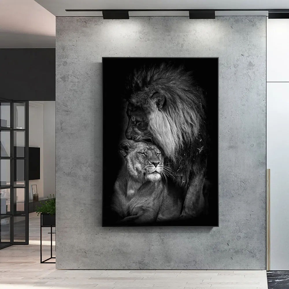 

African Male Lion and Lioness Family Modern Black White Art Posters Prints Animals Canvas Paintings Wall Art Pictures Home Decor