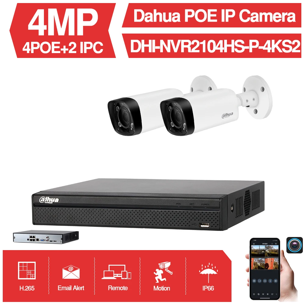 Dahua 4MP 4+ 2/4 видеонаблюдения Наборы NVR NVR2104HS-P-4KS2 2/4 шт. IP Камера IPC-HFW4431R-Z мотор зум наблюдения Системы