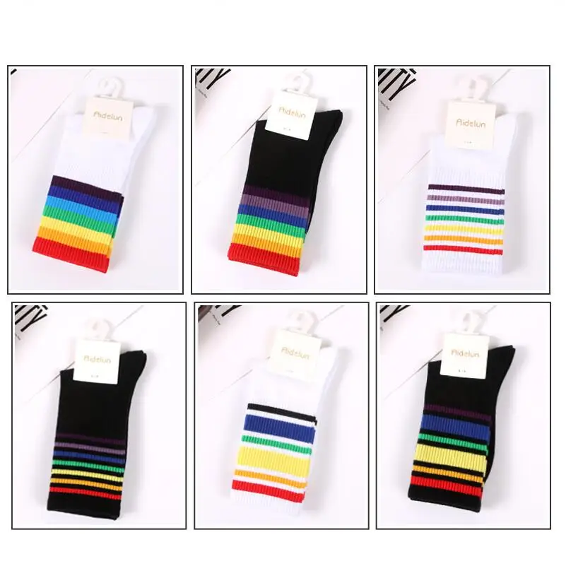 Women Solid Rainbow Cotton Ankle Socks Girls Rainbow Soft Warm Winter Crew Socks Students Black White Knee-High Socks 6pairs/lot