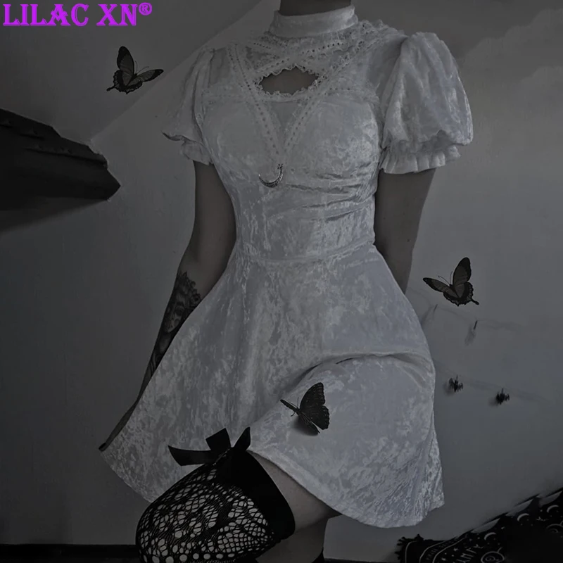 

Elegant Velvet White Party Dresses for Women Gothic Pentagram Lace Hollow Out Mini Dresses for New Year Sexy Y2K Bodycon Dresses