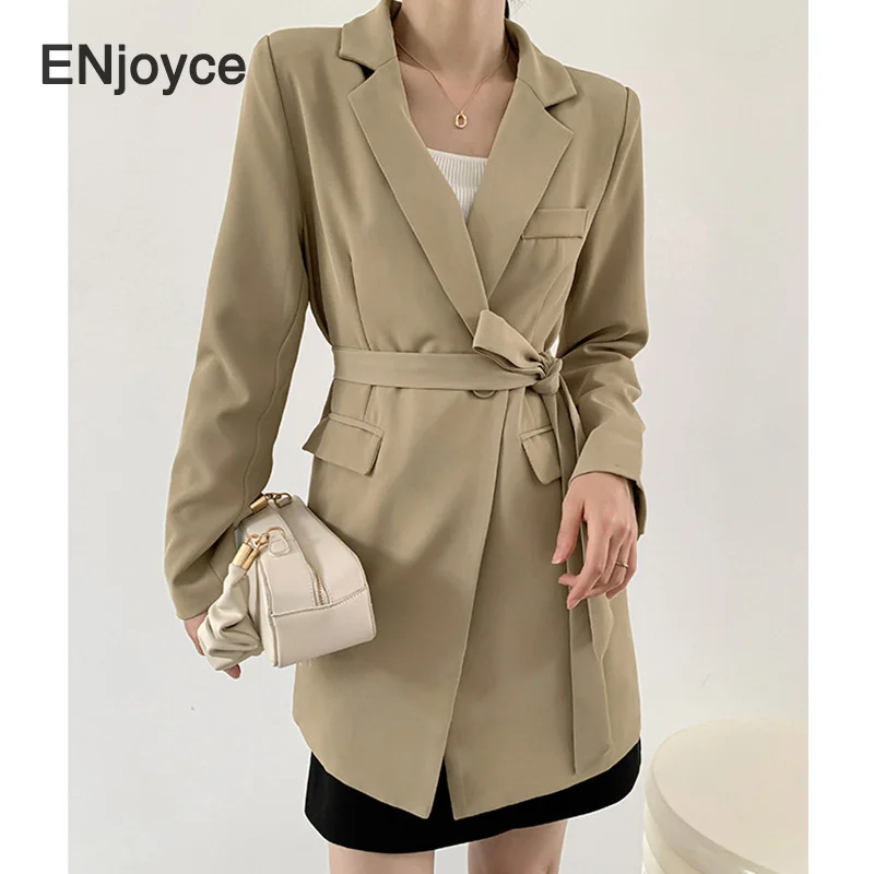 Новый дизайн весна осень Женский блейзер с поясом винтажный желтый большой