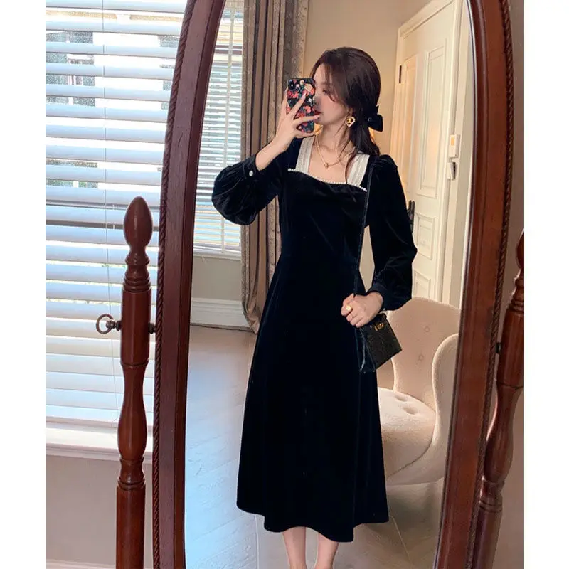 Зимнее французское Ретро винтажное длинное черное платье размера плюс с