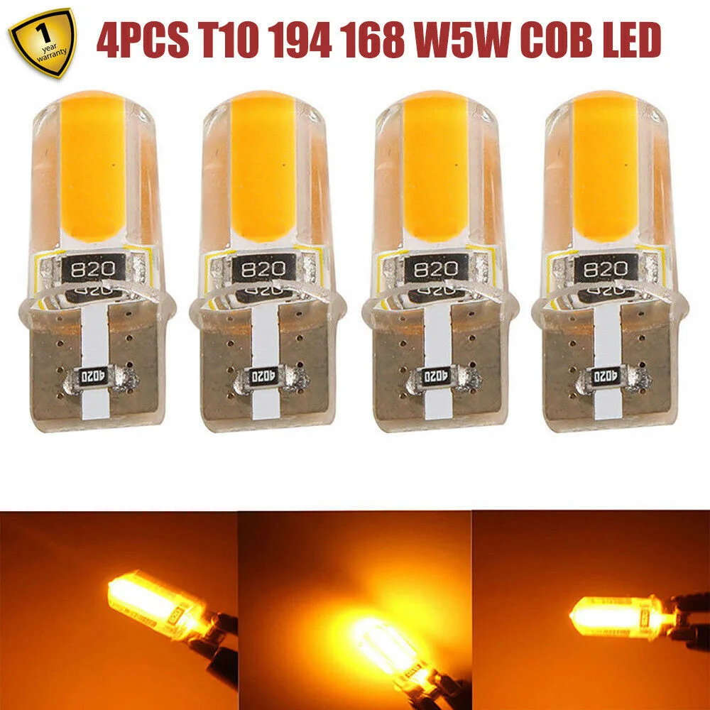 

4pcs T10 194 168 W5W COB LED Car Canbus Silica Width Light Bulb Amber Lamp Car Domes Map Lights Turn Signals Side Lamps