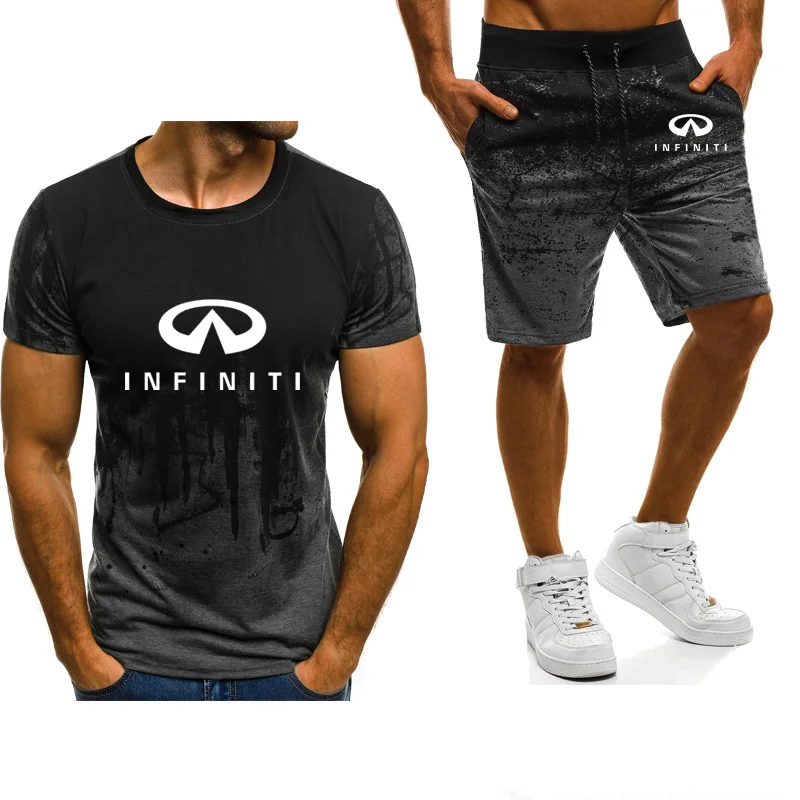 

New Mens T-Shirt Infiniti car logo Summer Short sleeve Harajuku Gradient high quality Cotton Men T-shirt+pants suit 2pcs