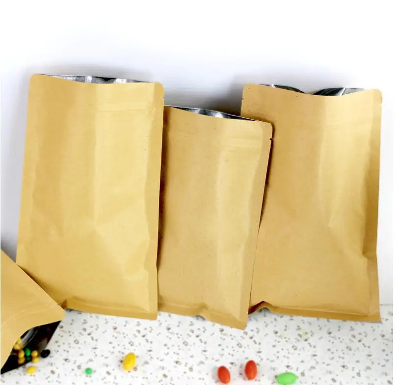 

100pcs 280micron Flat Kraft Paper Zip Lock Gift Packaging Bag Candy Powde Nuts Grain Ziplock Rice Bag Paper Gift Window Bags