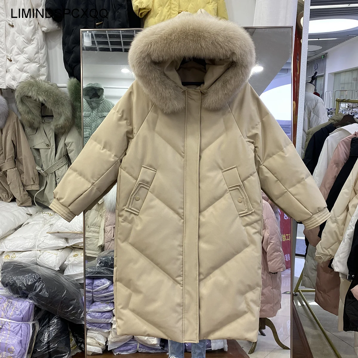 

2021 Winter Big Real Fox Fur Collar Hooded Women 90% White Duck Down Thick Coat Female Loose Windbreak Warm Long Parkas Clothes