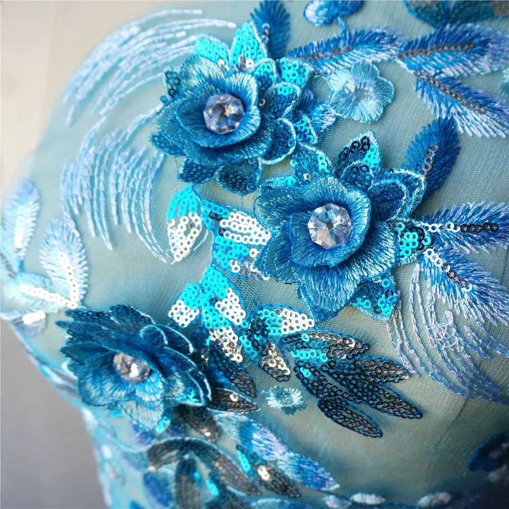 Небесно-Голубой 3D цветок кружевная ткань с серебряными блестками вышитое платье