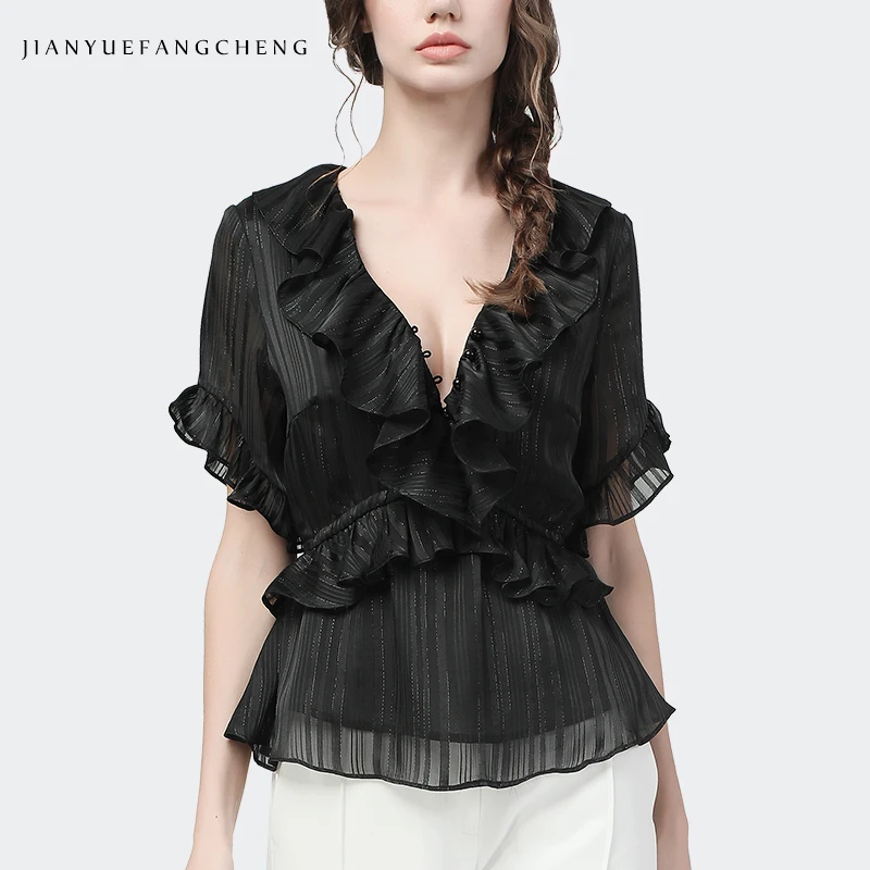 Блузка шифоновая женская с коротким рукавом и оборками черная в полоску