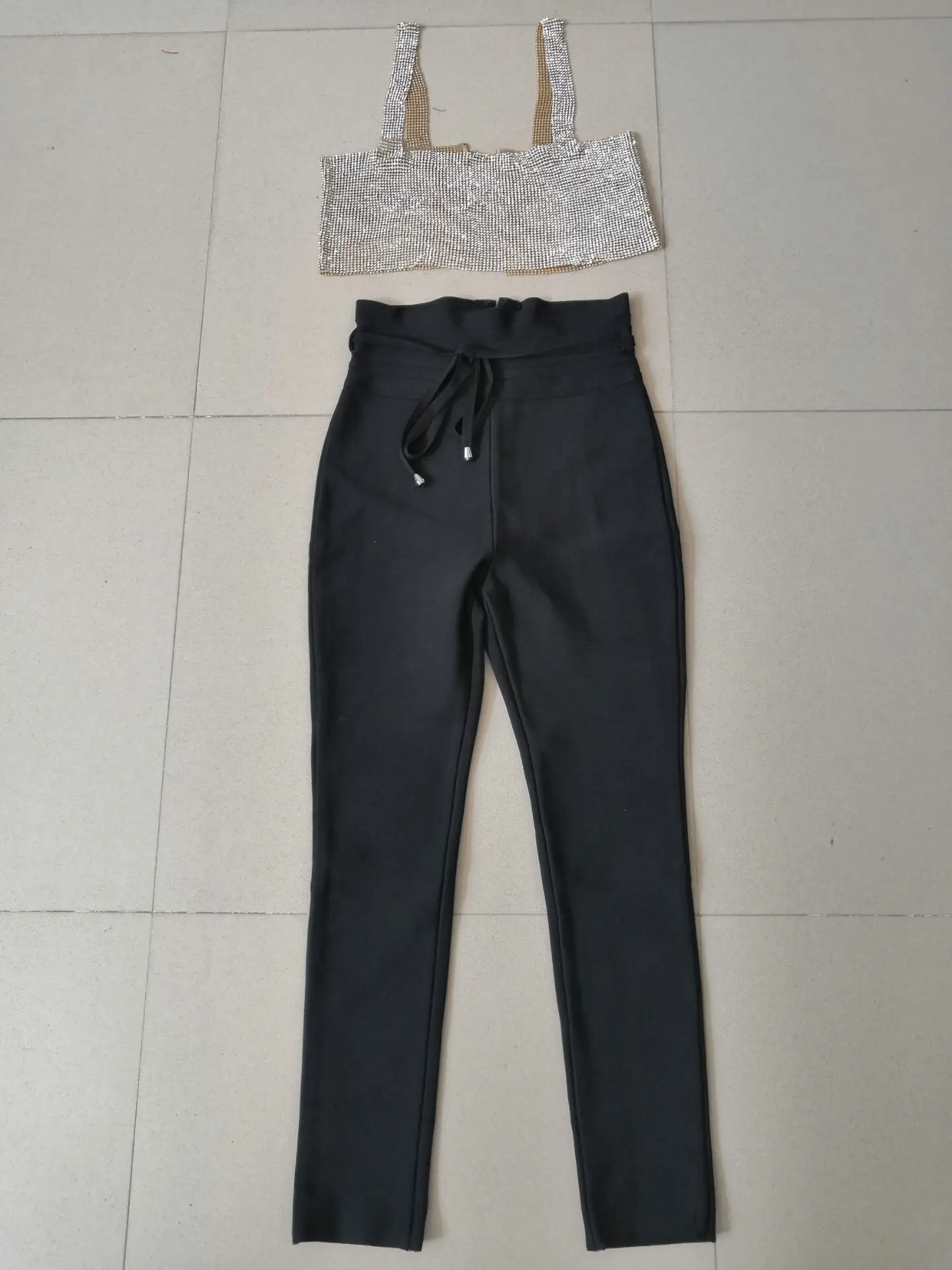 gold top black pant Комплект знаменитостей из 2 предметов: яркий черный топ высокого качества, бандажный комплект из вискозы, комплект для вечеринок в ночном клубе - Цвет: gold top black pant