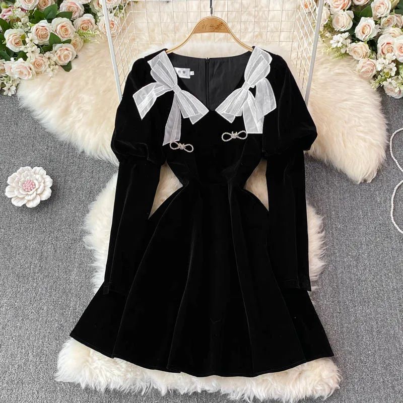 Christmas elegant square-necked gold velvet puff sleeve dress women Winter waist temperament bowknot a-line mini vestido | Женская